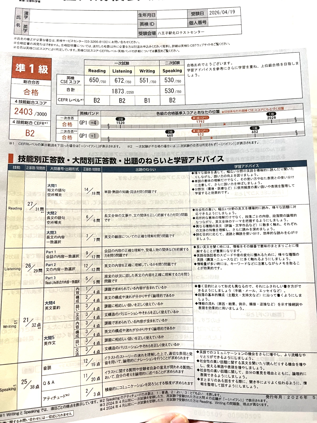 中学2年生が英検準1級S-CBTで取ったスコア結果の画像｜4技能CSEスコア2403・大問別正答率も掲載